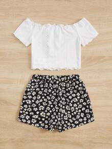 SHEIN Leap Crew 年輕女孩露肩蕾絲上衣和小花卉印花短褲 - 黑與白 - 查看 3