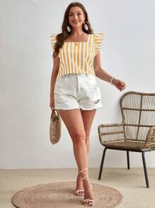 SHEIN VCAY 大碼條紋印花荷葉邊方領襯衫 - 芥末黃 - 查看 4