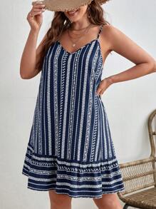 SHEIN VCAY Plus Ditsy Floral Print Ruffle Hem Cami Summer Boho Dress,Beach Dress Sundress,Holiday Outfits - Blue and White - View 1