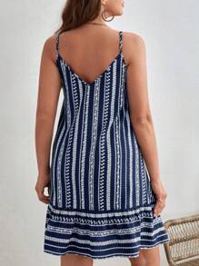 SHEIN VCAY Plus Ditsy Floral Print Ruffle Hem Cami Summer Boho Dress,Beach Dress Sundress,Holiday Outfits - Blue and White - View 2