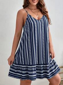 SHEIN VCAY Plus Ditsy Floral Print Ruffle Hem Cami Summer Boho Dress,Beach Dress Sundress,Holiday Outfits - Blue and White - View 3