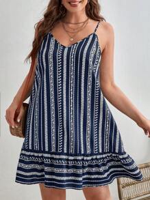 SHEIN VCAY Plus Ditsy Floral Print Ruffle Hem Cami Summer Boho Dress,Beach Dress Sundress,Holiday Outfits - Blue and White - View 4