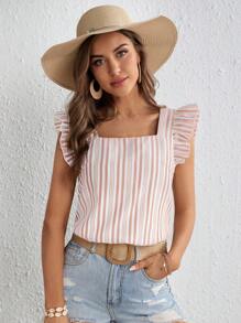 SHEIN VCAY Striped Ruffle Trim Square Neck Blouse - Baby Pink - View 1
