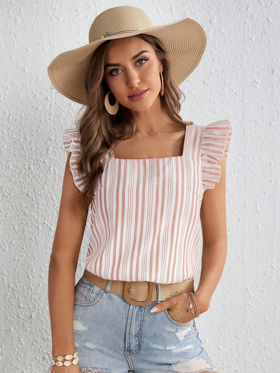 SHEIN VCAY Striped Ruffle Trim Square Neck Blouse - Baby Pink - View 1