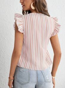 SHEIN VCAY Striped Ruffle Trim Square Neck Blouse - Baby Pink - View 2