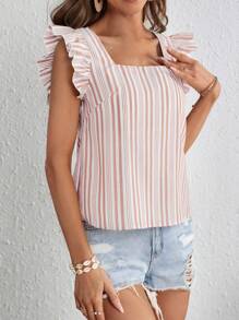 SHEIN VCAY Striped Ruffle Trim Square Neck Blouse - Baby Pink - View 3