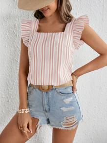 SHEIN VCAY Striped Ruffle Trim Square Neck Blouse - Baby Pink - View 4