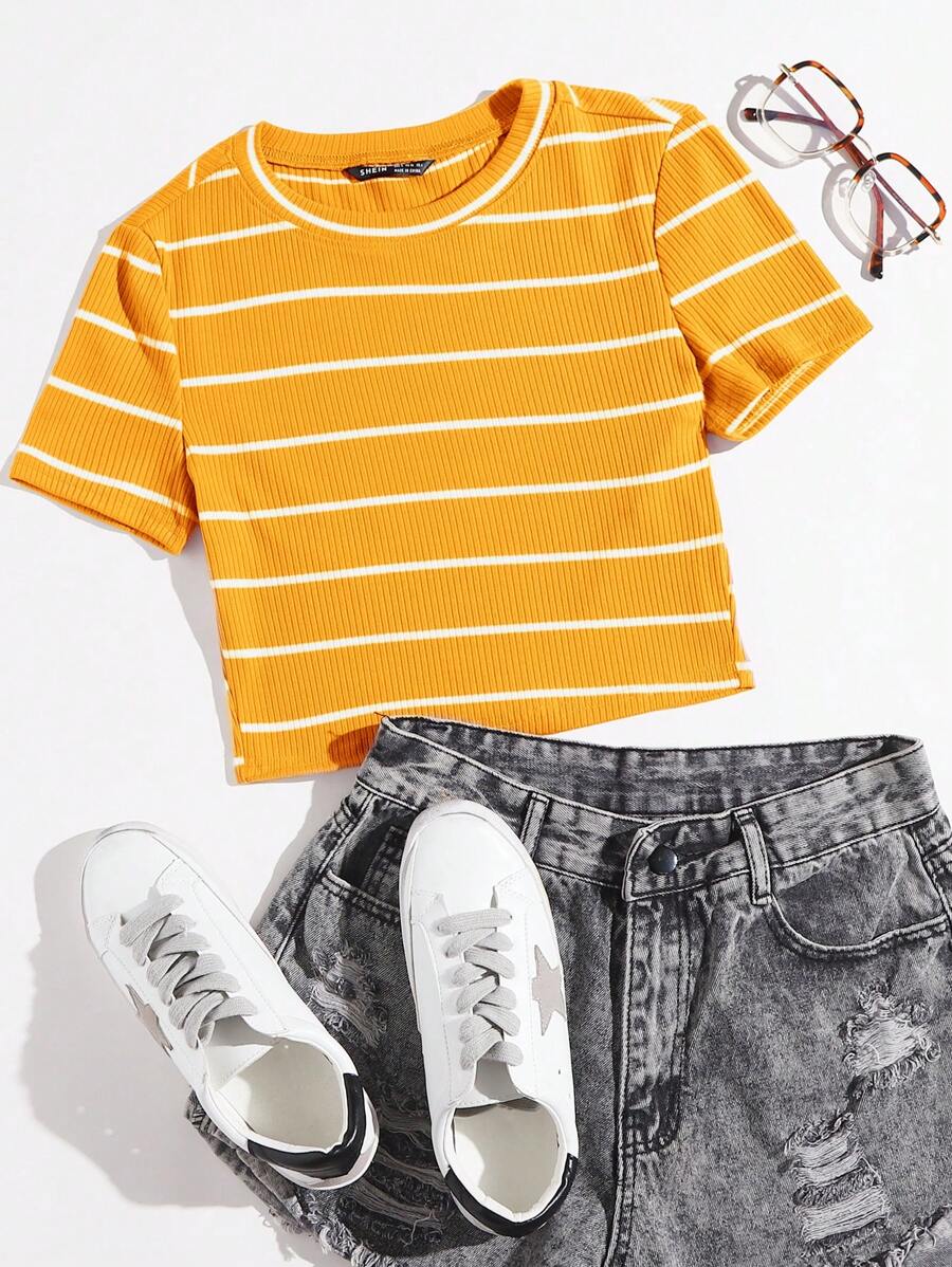 SHEIN EZwear Áo thun nữ Gân đan Sọc Giải trí - Màu vàng - Xem 1