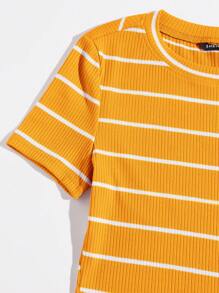 SHEIN EZwear Áo thun nữ Gân đan Sọc Giải trí - Màu vàng - Xem 3
