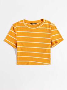 SHEIN EZwear Áo thun nữ Gân đan Sọc Giải trí - Màu vàng - Xem 5