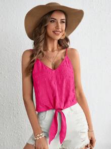 SHEIN VCAY Solid Knot Hem Cami Top - Hot Pink - View 3