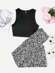 SHEIN EZwear 素色背心上衣和碎花長褲 - 黑與白 - 查看 1