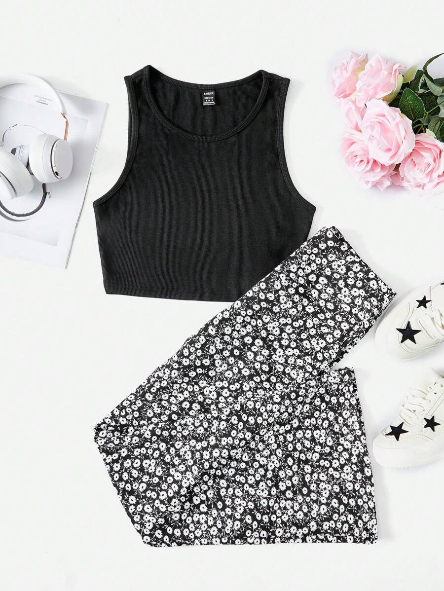 SHEIN EZwear 素色背心上衣和碎花長褲 - 黑與白 - 查看 1