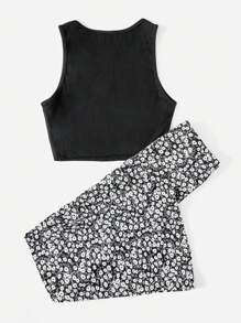 SHEIN EZwear 素色背心上衣和碎花長褲 - 黑與白 - 查看 2