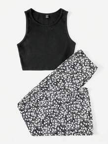 SHEIN EZwear 素色背心上衣和碎花長褲 - 黑與白 - 查看 3