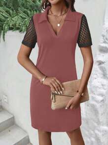 Contrast Lace Sleeve Dress - Dusty Pink - View 1