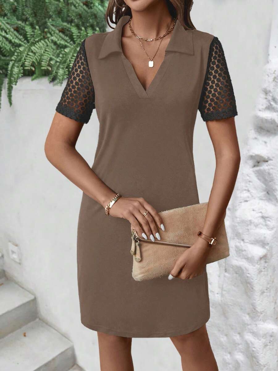 Contrast Lace Sleeve Dress - Coffee Brown - View 1