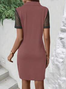 Contrast Lace Sleeve Dress - Dusty Pink - View 2