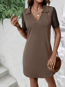 Contrast Lace Sleeve Dress - Coffee Brown - View 3