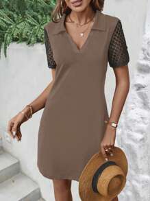 Contrast Lace Sleeve Dress - Coffee Brown - View 4
