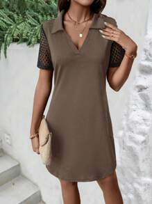 Contrast Lace Sleeve Dress - Coffee Brown - View 5