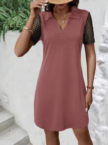 Contrast Lace Sleeve Dress - Dusty Pink - View 6