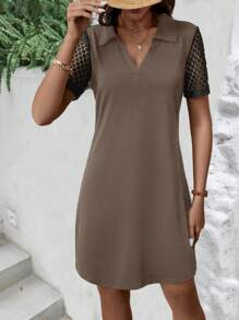Contrast Lace Sleeve Dress - Coffee Brown - View 6