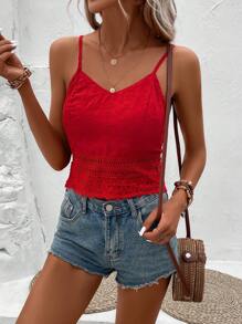 Breezaya 素色網眼刺繡吊帶上衣 - 紅色 - 查看 3