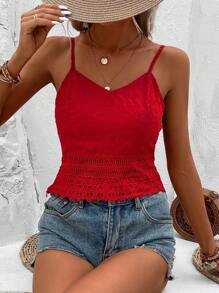 Breezaya 素色網眼刺繡吊帶上衣 - 紅色 - 查看 6