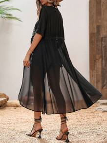 SHEIN Swim Kimono unicolor de cintura con cordón de gasa - Negro - Ver 2