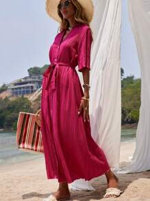 SHEIN VCAY Vestido camisero unicolor con botón delantero con cinturón - Rosa Fucsia - Ver 3
