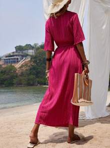 SHEIN VCAY Vestido camisero unicolor con botón delantero con cinturón - Rosa Fucsia - Ver 4