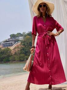 SHEIN VCAY Vestido camisero unicolor con botón delantero con cinturón - Rosa Fucsia - Ver 6