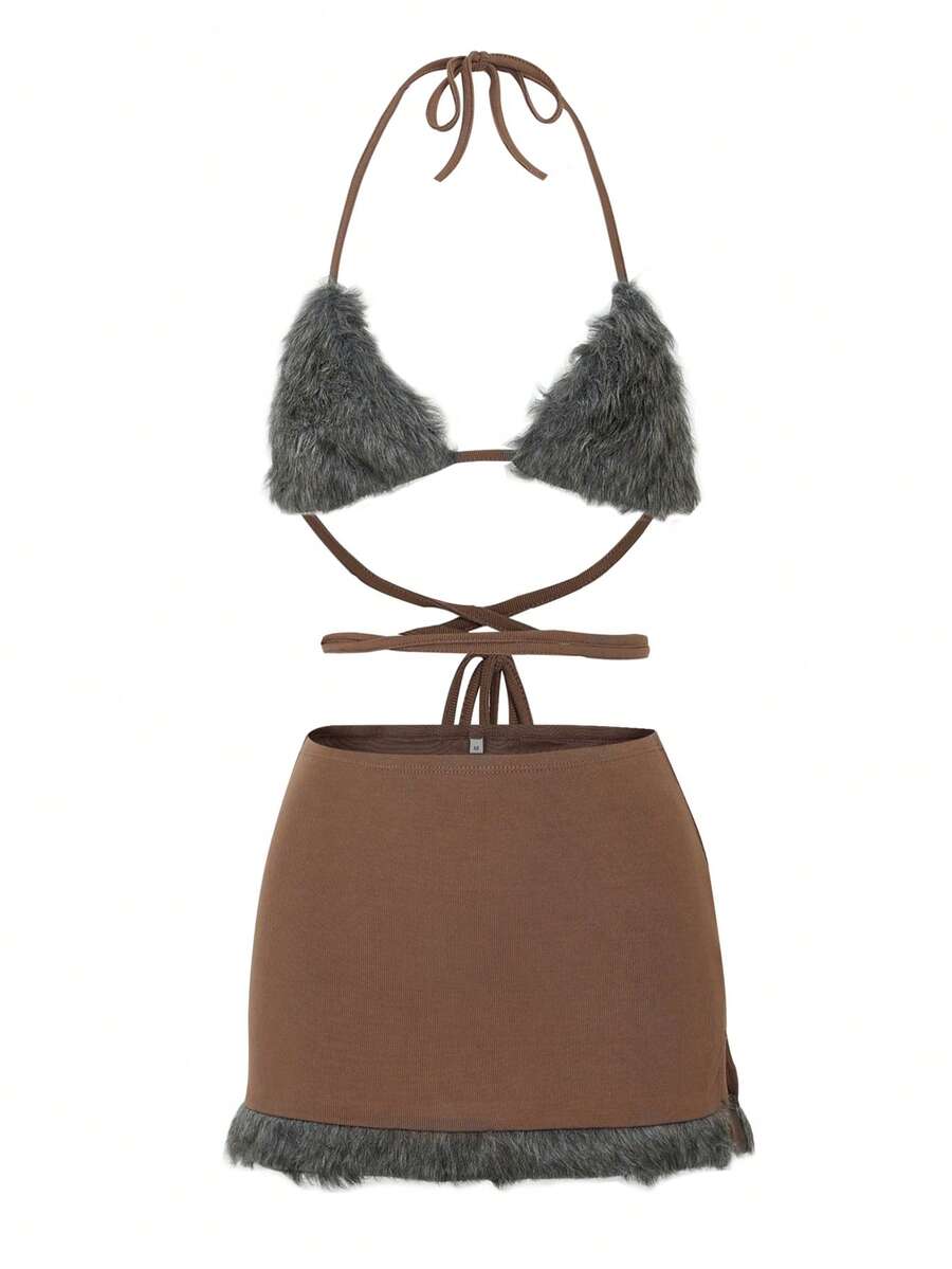 毛茸邊後背繫帶掛脖上衣&開衩短裙 - 棕色 - 查看 1