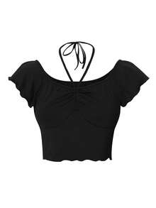 Áo thun có dây buộc áo ngực xếp nếp chắc chắn, đi chơi hàng đầu - màu đen - Xem 1