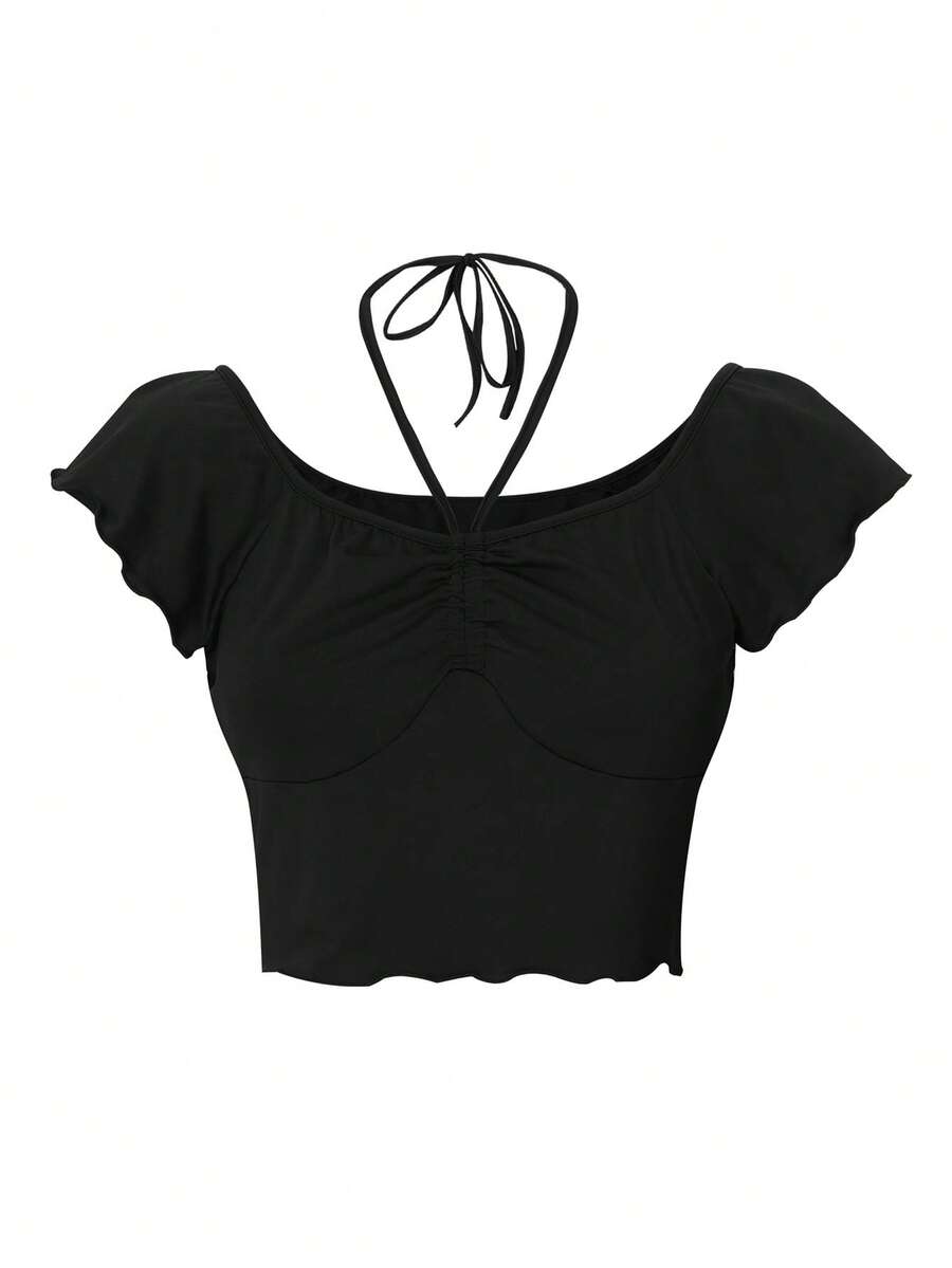 Áo thun có dây buộc áo ngực xếp nếp chắc chắn, đi chơi hàng đầu - màu đen - Xem 1