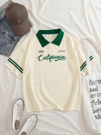 INAWLY Plus Letter Graphic Contrast Collar Tee, Women Summer Top