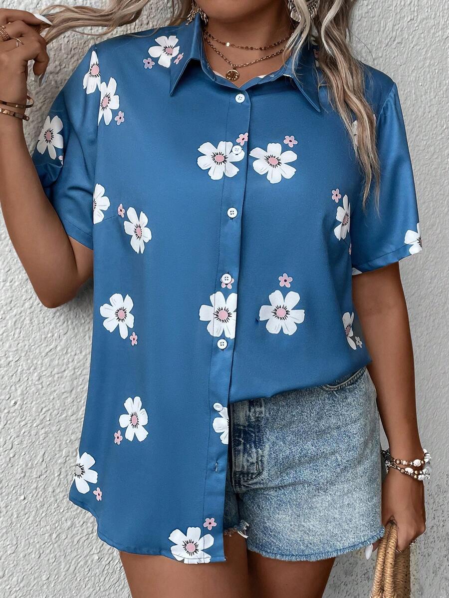 SHEIN LUNE Áo sơ mi Plus Size Nút phía trước Hoa Giải trí - Màu xanh lam - Xem 1
