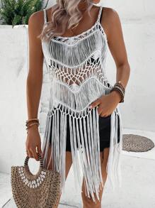 Swim Vcay con abertura bajo con fleco Cami Cover up - Blanco - Ver 5