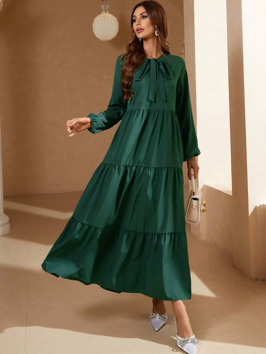 Mulvari Đầm Viên lá sen Thắt nơ trước màu trơn Dễ thương - Màu xanh lá cây đậm - Xem 1