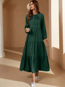 Mulvari Đầm Viên lá sen Thắt nơ trước màu trơn Dễ thương - Màu xanh lá cây đậm - Xem 5