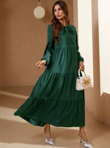 Mulvari Đầm Viên lá sen Thắt nơ trước màu trơn Dễ thương - Màu xanh lá cây đậm - Xem 6