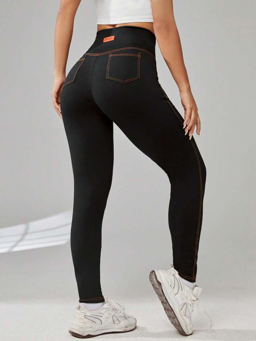 SHEIN EZwear Summer Outfits Letter Patched Top-Stitching Wideband Waist Leggings - Black - View 1