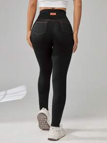 SHEIN EZwear Summer Outfits Letter Patched Top-Stitching Wideband Waist Leggings - Black - View 2