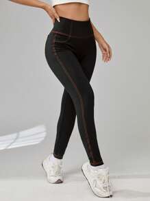 SHEIN EZwear Summer Outfits Letter Patched Top-Stitching Wideband Waist Leggings - Black - View 3