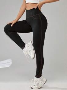 SHEIN EZwear Summer Outfits Letter Patched Top-Stitching Wideband Waist Leggings - Black - View 4