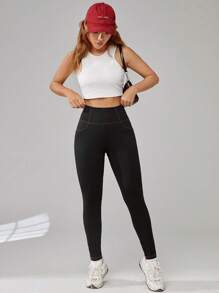 SHEIN EZwear Summer Outfits Letter Patched Top-Stitching Wideband Waist Leggings - Black - View 5