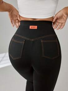 SHEIN EZwear Summer Outfits Letter Patched Top-Stitching Wideband Waist Leggings - Black - View 6