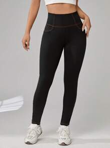 SHEIN EZwear Summer Outfits Letter Patched Top-Stitching Wideband Waist Leggings - Black - View 8