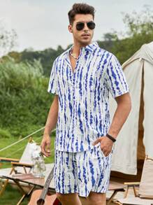 Manfinity RSRT 男士滿版印花襯衫和短褲套裝 - 藍白色 - 查看 6